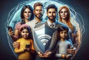 Realistic high definition image showcasing a concept of family safety, symbolized by a cellular network provider's protective shield, placed over a depiction of a diverse family consisting of a Caucasian father, a Hispanic mother, a Middle-Eastern daughter, and a South Asian son, all looking assured and secure.