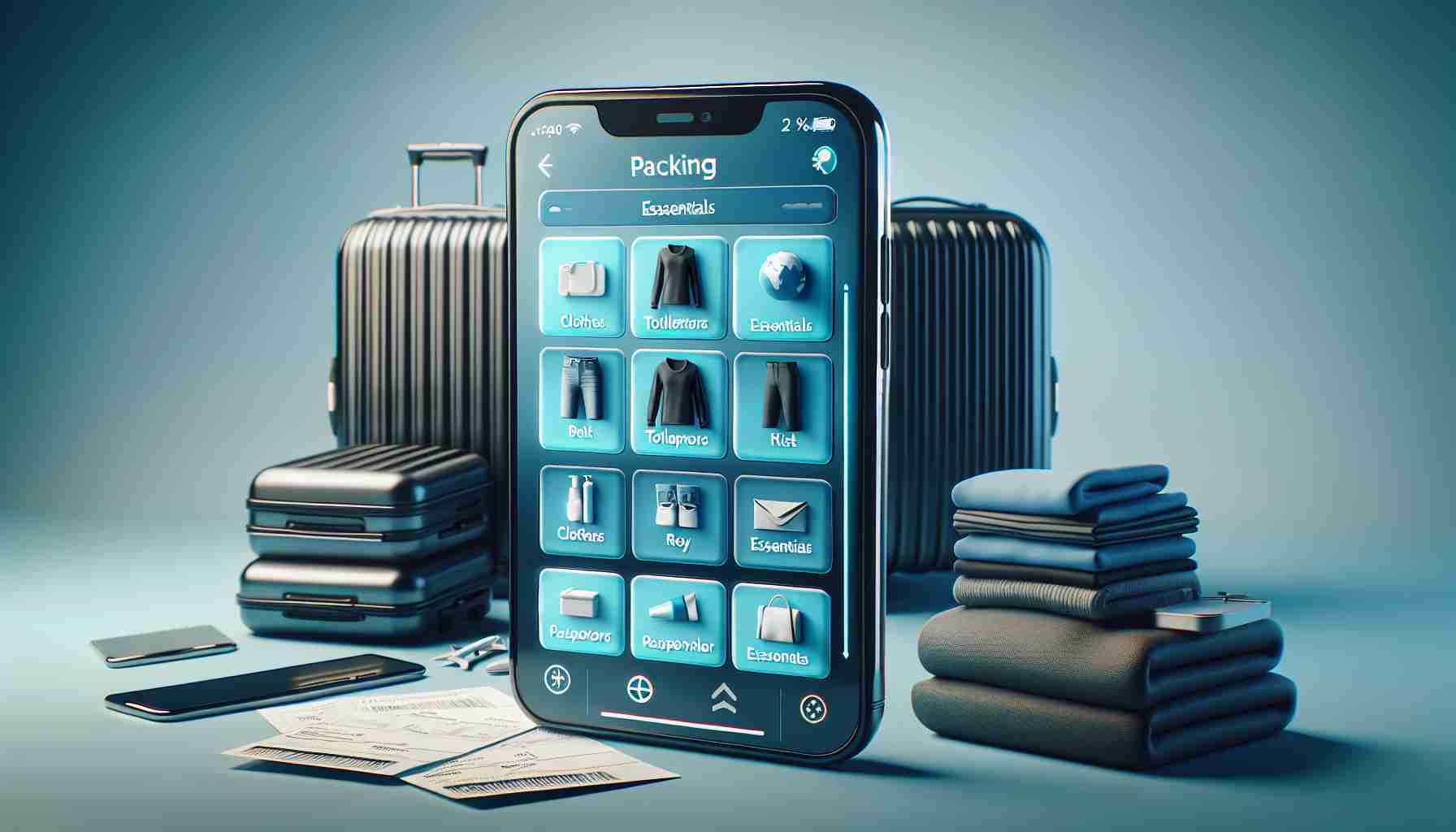 Render a realistic high-definition image depicting an innovative packing application designed to streamline your travel preparation. Show the application's interface displayed on a sleek modern phone, neatly organizing essentials for travel. Visual elements should include categories like clothes, toiletries, essentials, and reminders for things like tickets and passports, all displayed in an easy-to-understand layout. The background should reflect an eager traveler's setting, perhaps a suitcase and some already packed items scattered around suggesting imminent travel.