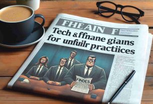 Image of a headline in a newspaper reading 'Tech and Finance Giants Fined for Unfair Practices'. The newspaper is on a wooden desk, accompanied by a cup of coffee and a pair of reading glasses.