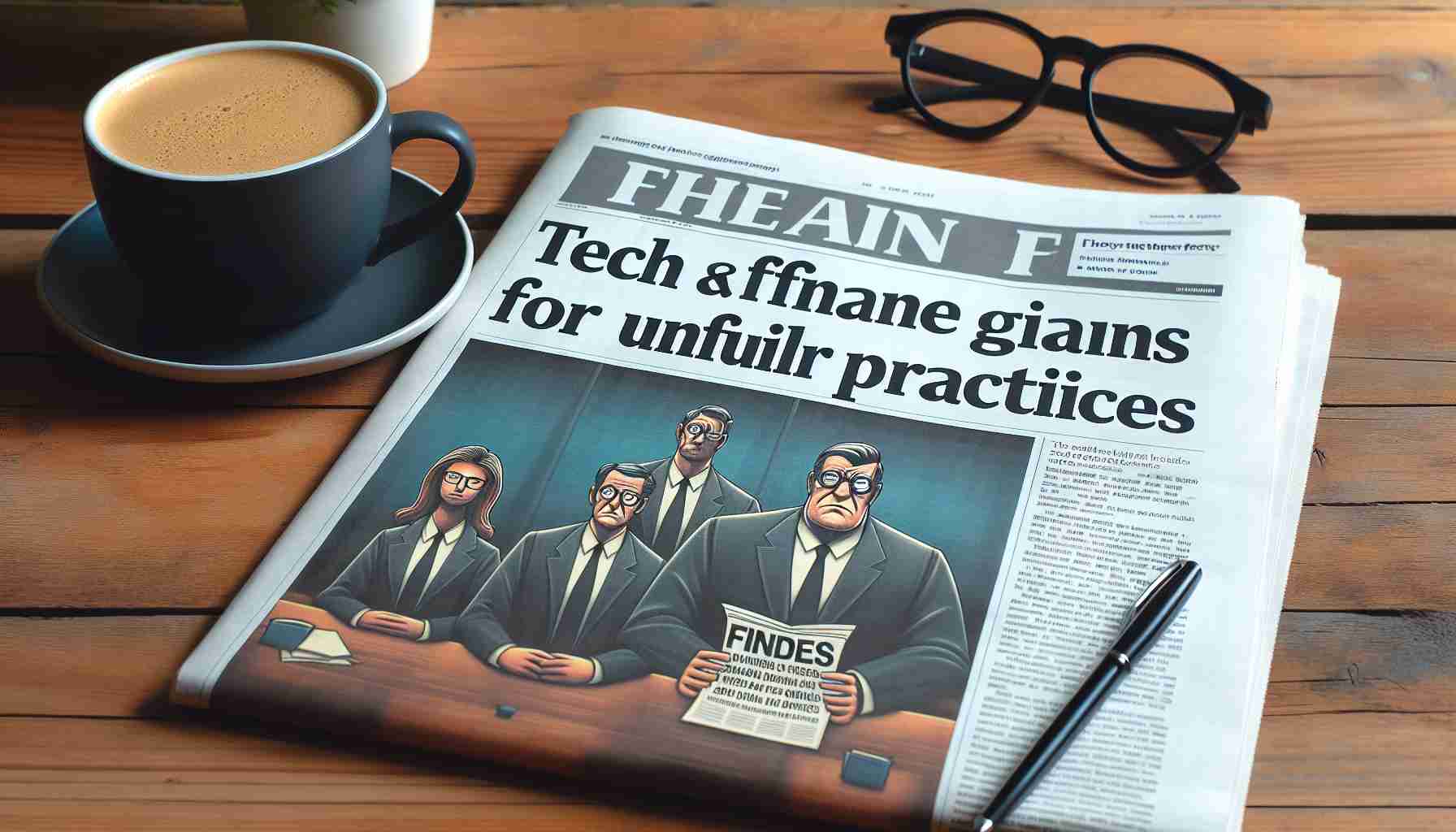 Image of a headline in a newspaper reading 'Tech and Finance Giants Fined for Unfair Practices'. The newspaper is on a wooden desk, accompanied by a cup of coffee and a pair of reading glasses.