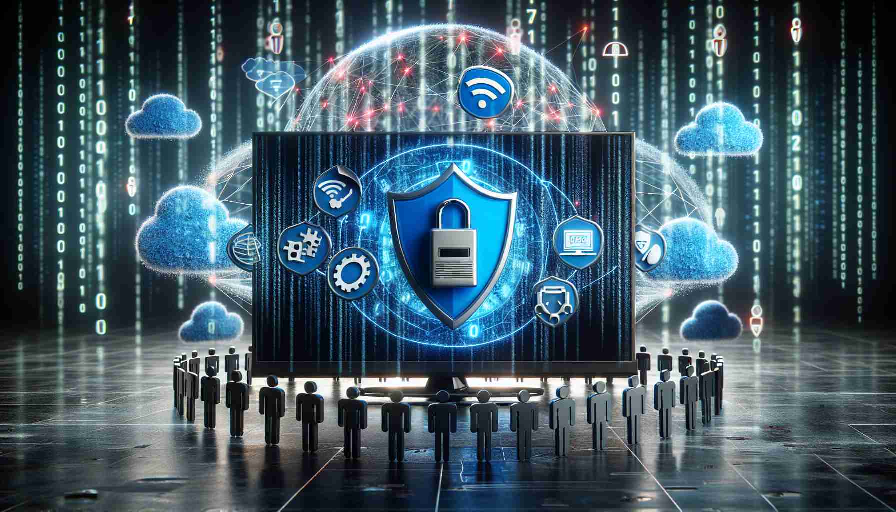 A high-definition, realistic image depicting the impact of the connected TV industry on data privacy. This can be illustrated by a conceptual visual of a smart television set in the center, surrounded by various icons such as a shield representing privacy, a router for connectivity, and cloud symbols indicating data. Additionally, we can also see strings of binary code flowing in and out of the TV, symbolic of the exchange of data. In the backdrop, animated human figures reflecting multiple descents and genders are seen engaging with this scene, illustrating the global and collective impact of this issue.