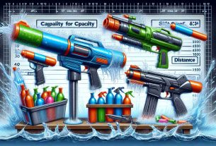 Generate a realistic high-definition image that depicts a scene of water guns being tested. Include three different types of water guns, with various design and color. They are tested for capacity, soak factor, and distance. One should be half-full to show capacity, another fully pumped to show the soak factor, while the third one should be angled upwards to indicate testing for distance. Also, include splash of water to illustrate the action. Behind the water guns should be a measurement scale to provide context to the experiments.