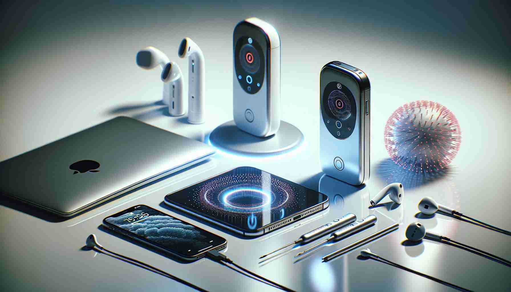 A high-definition, realistic image capturing the innovation in technology hygiene. The focus is on Germ-Away Gadgets, which are sophisticated devices designed to combat germs. They are sleek, modern and distinctly futuristic in design. Some of these gadgets are portrayed actively sterilizing everyday tech items, such as a smartphone, laptop, and earbuds. Small, circular rays of light emanating from the gadgets hint at their function. The setting around them is clean and sterile, with a white minimalist aesthetic, reinforcing the concept of hygiene and cleanliness.