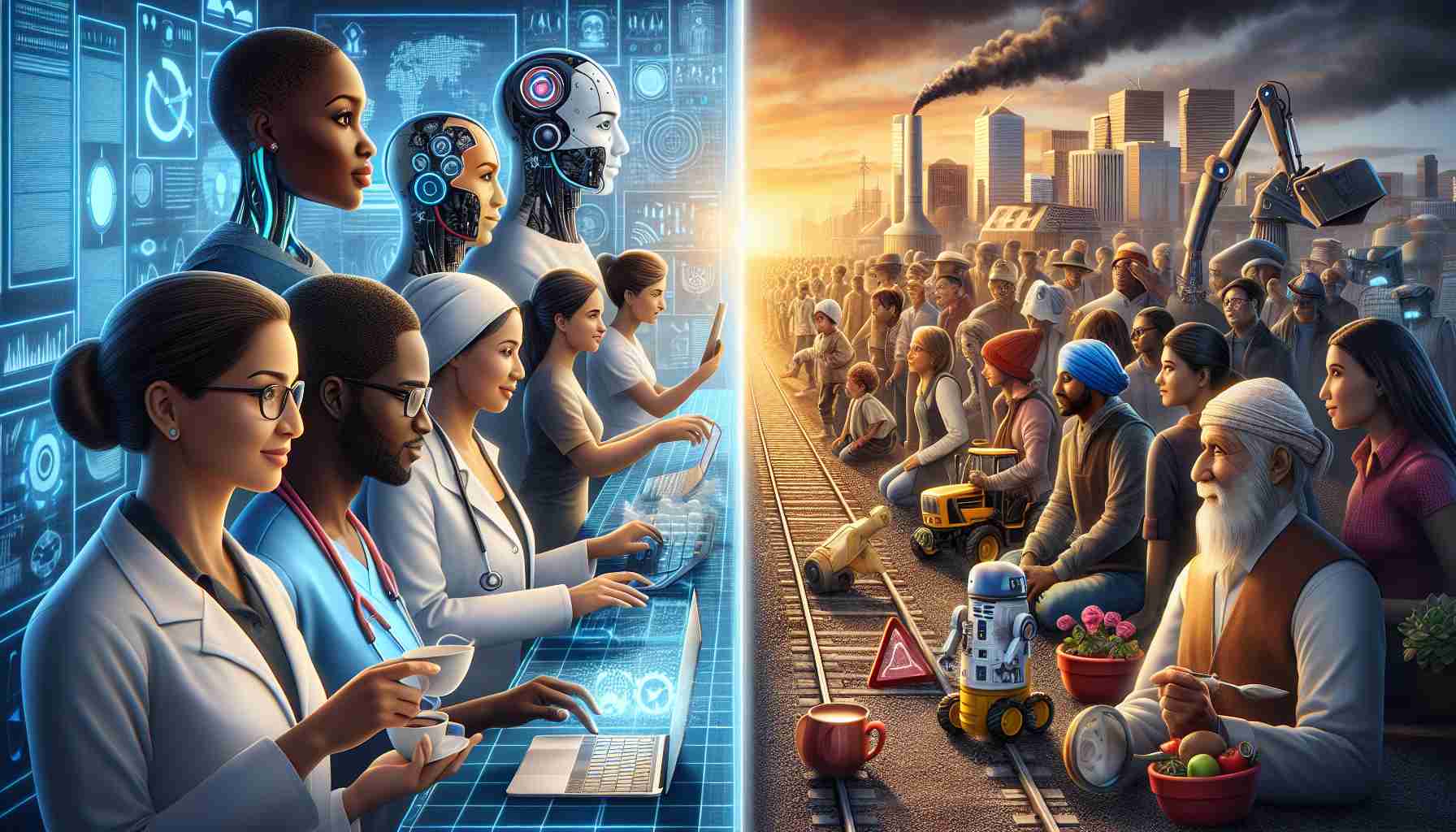 A high definition, realistic image representing the impact of artificial intelligence on our society. The scene should depict people from various descents using technology with signs of AI, like advanced computers and robots. One side of the image portrays the advantages, with people in occupational settings (a Black female doctor using AI for diagnoses, a Middle-Eastern male scientist developing new tech, a South Asian female teacher using AI tools for education, a Caucasian male farmer using AI for efficient agriculture). The other side should show the challenges, like job automation or privacy concerns.