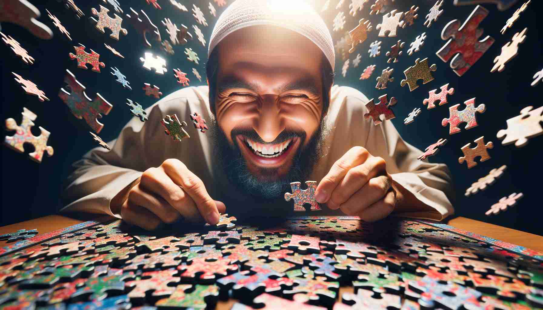 An ultra high-definition, realistic image showing the pure joy experienced while solving puzzles. The main focus should be a person of Middle-Eastern descent engrossed in assembling a complex, vibrant jigsaw puzzle. Their face should be lit up with sheer excitement and concentration, their eyes sparkling with determination. The puzzle pieces around them should be scattered yet arranged in a swirling pattern, a testament to the challenge they're undertaking. Effective use of lighting should illuminate the joy and satisfaction derived from puzzle-solving.