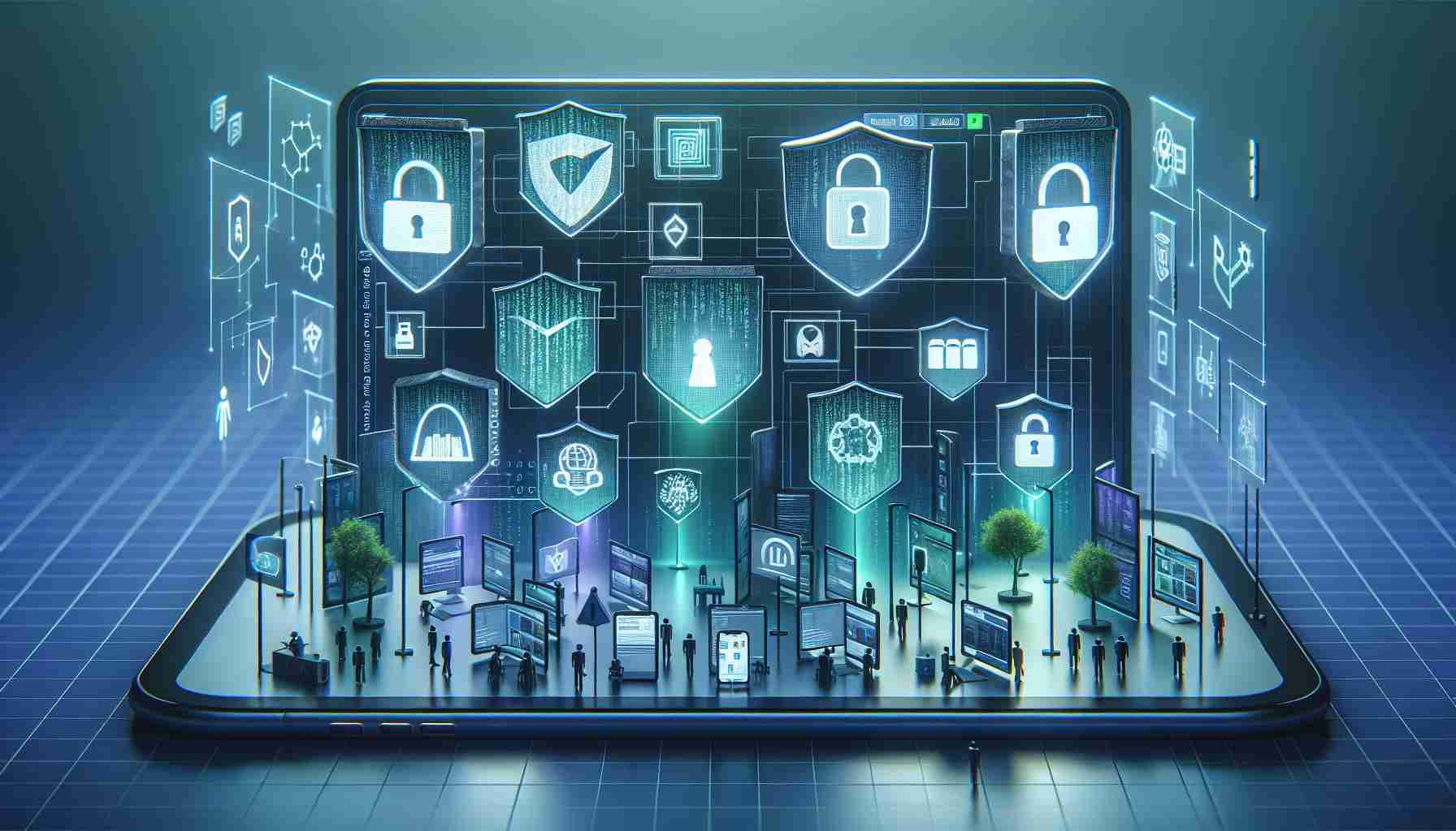 A high-definition, realistic illustration showcasing the concept of enhancing safety measures in a generic digital app store. Picture features advanced security symbols and elements like shields, locks, and firewalls. It should also depict algorithms being used to scan and filter apps, displayed as matrix style codes hovering over the applications. The scene can also include users confidently browsing and downloading applications. Remember to not depict any copyrighted or trademark brand symbols or logos.