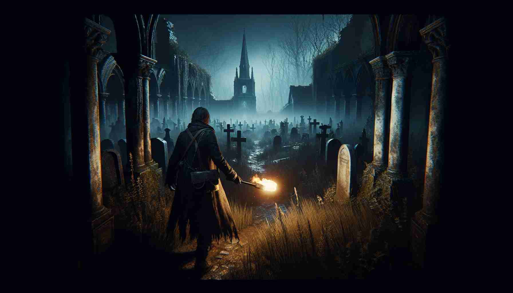 Generate a realistic, high-definition image of a new horror video game designed by emerging independent game developers. The game's theme is dark and ominous, with a touch of gothic atmosphere and intuitive mechanics. Its environment is filled with old, creepy, and dilapidated structures that add mystery and intrigue to the narration. A chilling soundtrack plays in the background. On the screen, you can see a character, dressed in tattered clothes with a dimly lit torch in hand, venturing into an unkempt cemetery.