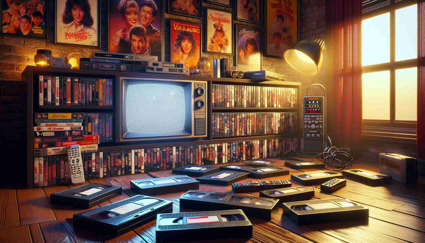 An extremely detailed and high-definition image displaying the resurgence of VHS. The scene is set in a retro ambiance full of nostalgia. Featured prominently is a collection of VHS tapes, some of which are being inserted into a VCR. There are also various artifacts from the era of VHS, including a tube television, a remote with oversized buttons, and classic movie posters adorning the room's walls. The setting is cozy and atmospheric, with warm lighting that reflects off the shiny VHS cases. The whole scene should radiate a sense of bygone days revived with fond recollections.