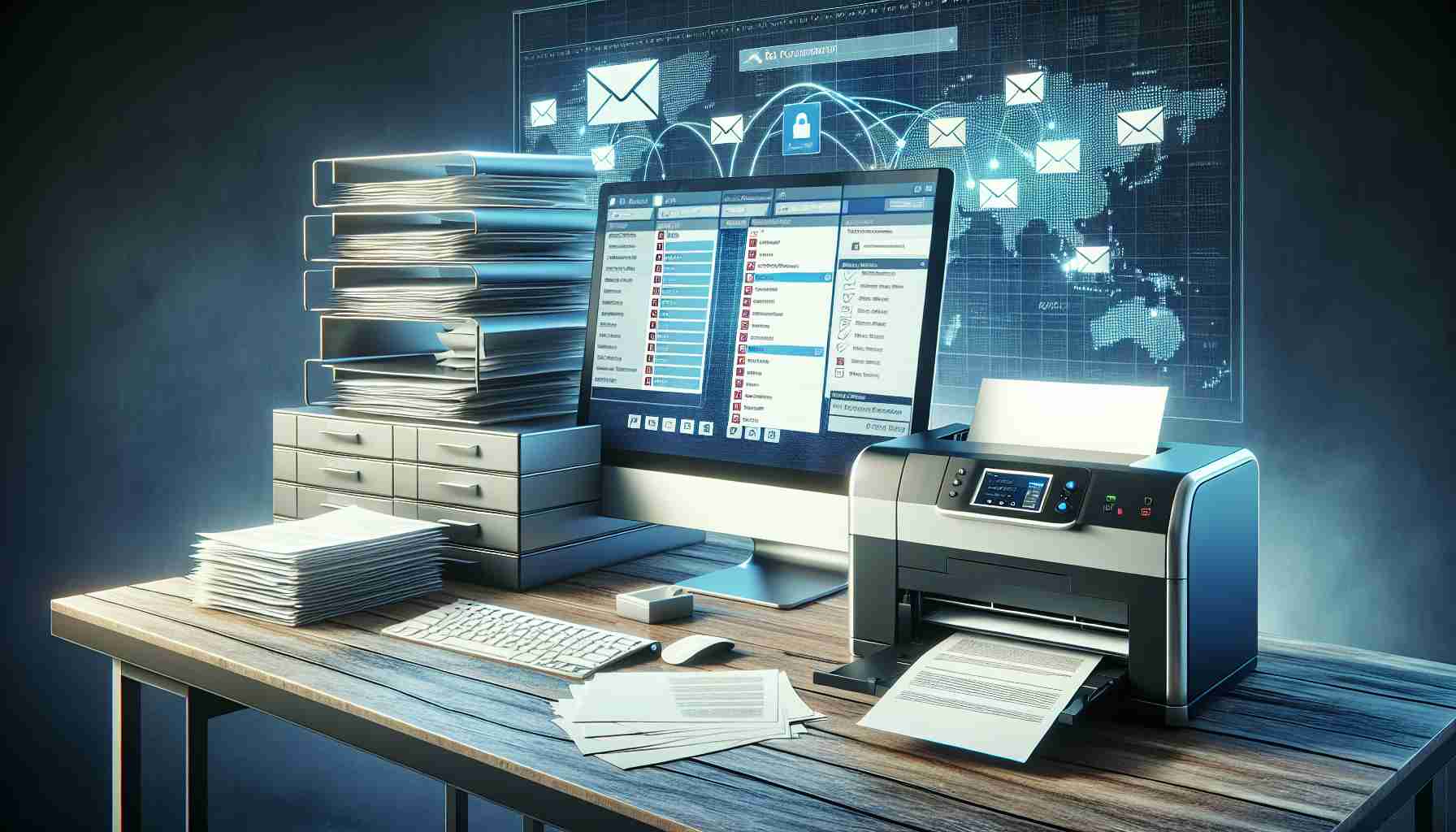 A high-definition, realistic image depicting efficient strategies to manage and print digital correspondence. The scene could include an organized desk setup with a modern computer displaying an email management software with neatly arranged folders, indicating a system for managing incoming and outgoing correspondence. Nearby, a state-of-the-art printer might be churning out clearly printed letters, signifying the printing process. Also present could be some physical correspondence, neatly stacked and ready to be delivered. The atmosphere should reflect efficient and effective management of digital-to-physical communication conversion.