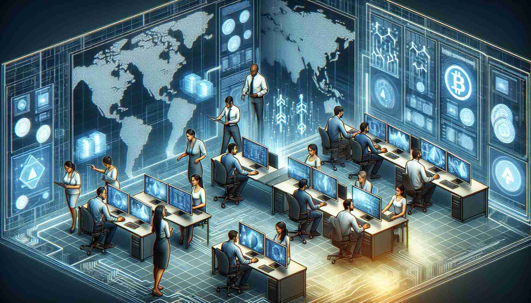 Create a high-definition, realistic digital image illustrating a depiction of an operation known as 'Crypto Clean Sweep.' Showcase a mix of individuals actively working at computer stations filled with advanced technology, visualizing the cryptocurrency data flowing. The active team consists of a Middle-Eastern woman, Asian man, Hispanic woman, and Black man, each engaged in their respective tasks within this operation.