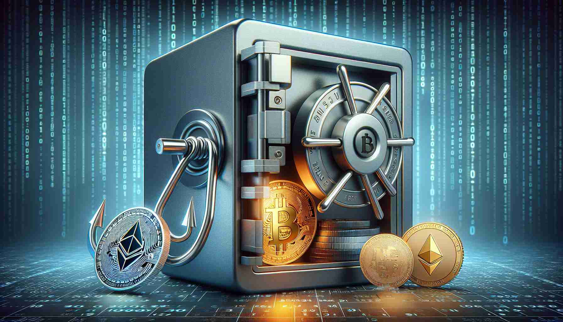 An illustration in realistic HD quality depicting the concept of protecting cryptocurrency from phishing attacks. It could feature a metal safes vault, symbolizing secure storage, with digital representations of currencies like Bitcoin and Ethereum inside. Close by, there's a phishing hook attempting to reach the vault but being thwarted by a strong shield, representing robust security measures. The background could be digital code, indicating the online context of these transactions. Please keep in mind that no actual currency should be depicted; it's purely symbolic.