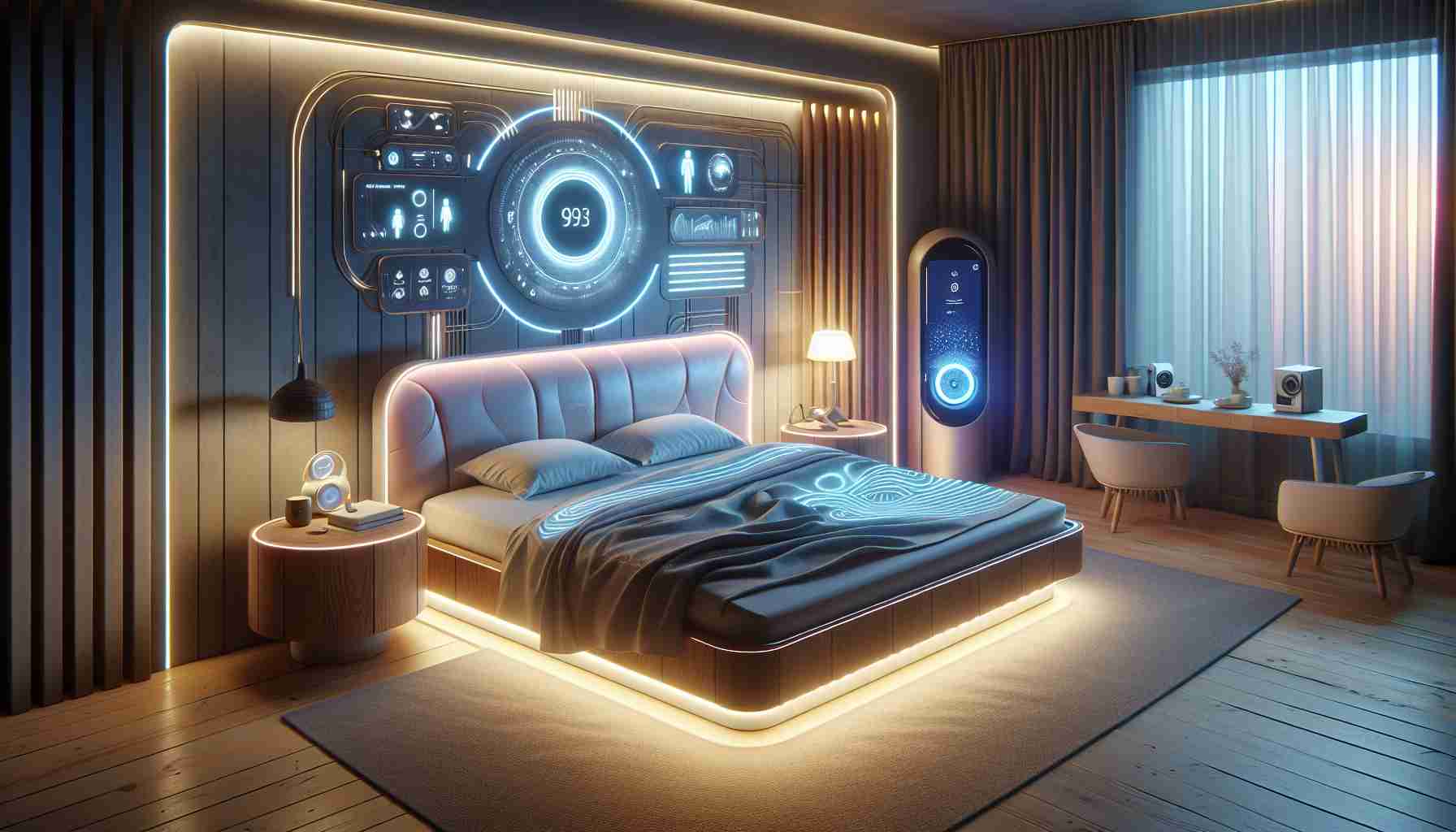 Generate a highly detailed, high-definition image illustrating the concept of improving sleep through innovative technology. The scene should show a peaceful bedroom with a futuristic smart bed. The bed incorporates cutting-edge features like automatic temperature control, light therapy, and white noise generators. On the bedside table, there's a wearable sleep tracker and a smart alarm clock that adjusts based on sleep cycles. The room is dimly lit with soft, sleep-enhancing colors, creating a tranquil atmosphere optimal for rest.