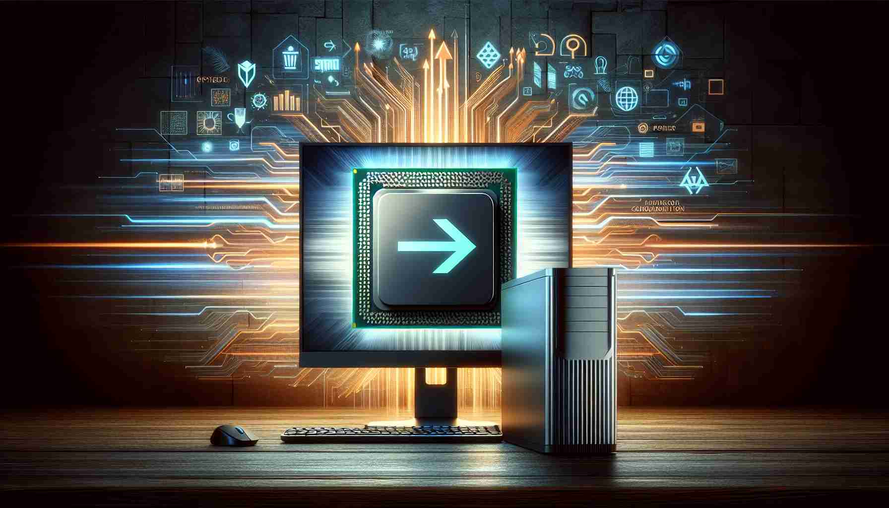 A high-definition, realistic image showcasing the transformative change in desktop computing brought about by Arrow Lake processors. The image should include a sleek, modern desktop computer showcasing the processor's capabilities. Also include a backdrop filled with symbols or illustrations representing speed, power, and technological innovation to highlight the revolutionizing effect of these new processors.