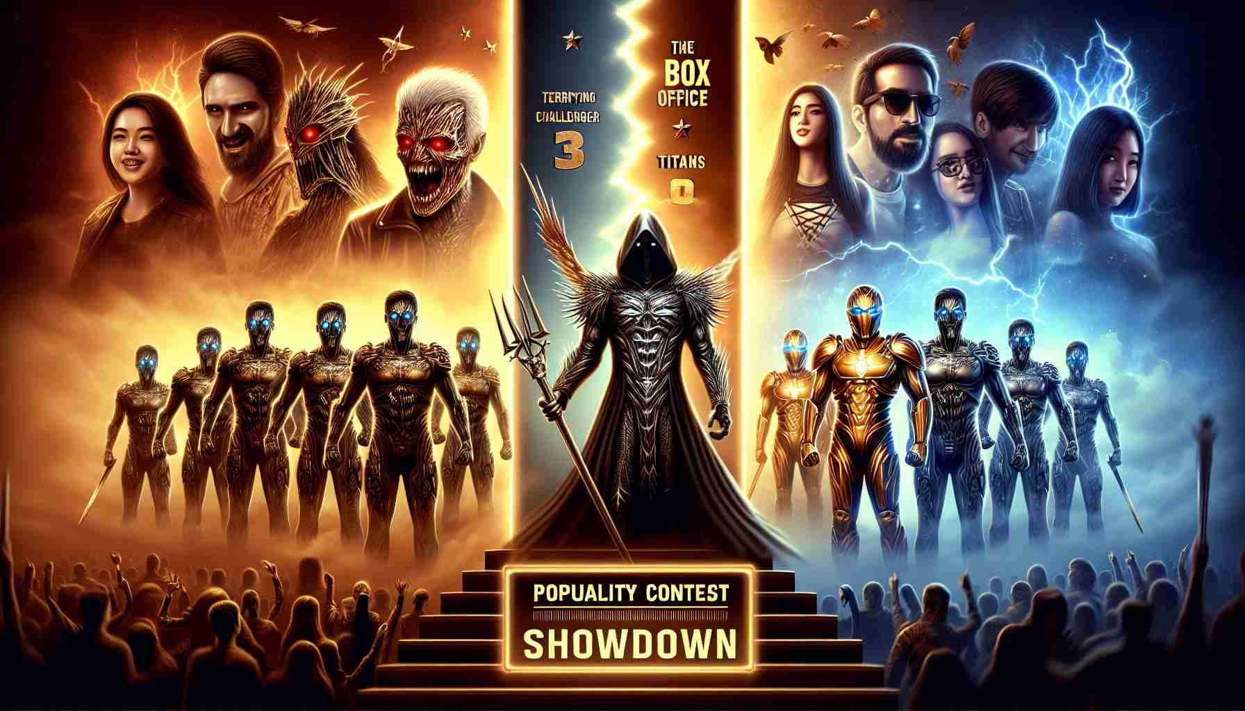 Create a realistic, high-definition image that depicts a conceptual poster of a popularity contest. On one side, show a fearsome figure labeled as 'Terrifying Challenger 3', embodying elements like dark shadows, eerie lighting, and intense expressions. On the other side, show a group of powerful figures labeled as 'The Box Office Titans', represented with gleaming armor, radiant light, and confident postures. Ensure both sides exude a powerful aura, symbolizing their respective strengths. The background should be split to showcase the distinct atmospheres of both camps. Remember to add a title in bold letters at the top that says 'Popularity Contest Showdown'.