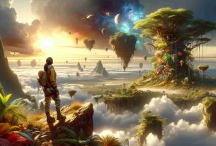 A highly detailed, high-definition visualization of the concept of 'Discovering New Realms'. Picture an explorer, a South Asian woman in practical adventuring clothes, standing on a high promontory, gazing out into the vast distance. The landscape before her is rich and strange, with floating islands, exotic foliage, and strange new species of animals. The sky is filled with an unusual, mesmerizing mix of colors hinting at the alien nature of this new realm. The woman's expression is one of excitement, awe and, determination, evoking powerful emotions of discovery and exploration.