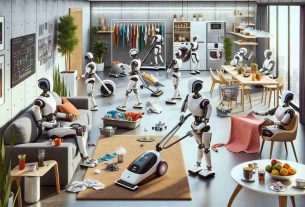 A highly detailed and realistic image of innovative robots, transforming the way household chores are performed. The scene depicts a group of diverse robots: one robot is vacuuming the living room carpet, another is folding laundry with precision, and a third is washing dishes meticulously. Additionally, there's a robot tending to indoor plants by watering them and another robot preparing meals in the kitchen. The robots are sleek and modern in design, implying a significant technological advancement in the field of robotics. Some are human-like in appearance while others have a more functional, machine-like aesthetic, all of them working harmoniously to make home maintenance more efficient.