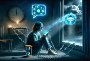 Realistic HD image visualizing the impact of social media on teen mental health. Include a metaphorical representation of a Caucasian female teenager sitting in a dimly lit room, engrossed in her smartphone. Next to her, illustrate the symbol of social media - a speech bubble with interconnected chains. This bubble is radiating a bright, blue light, contrasting with the room's ambience. In the corner of the room, show an hourglass, signifying the passage of time. Flanking the opposite corner, manifest expressions of anxiety and stress through stormy weather outside a window. For the background, show omnipresent chains binding her, signifying the metaphorical influence and restriction social media can impose.