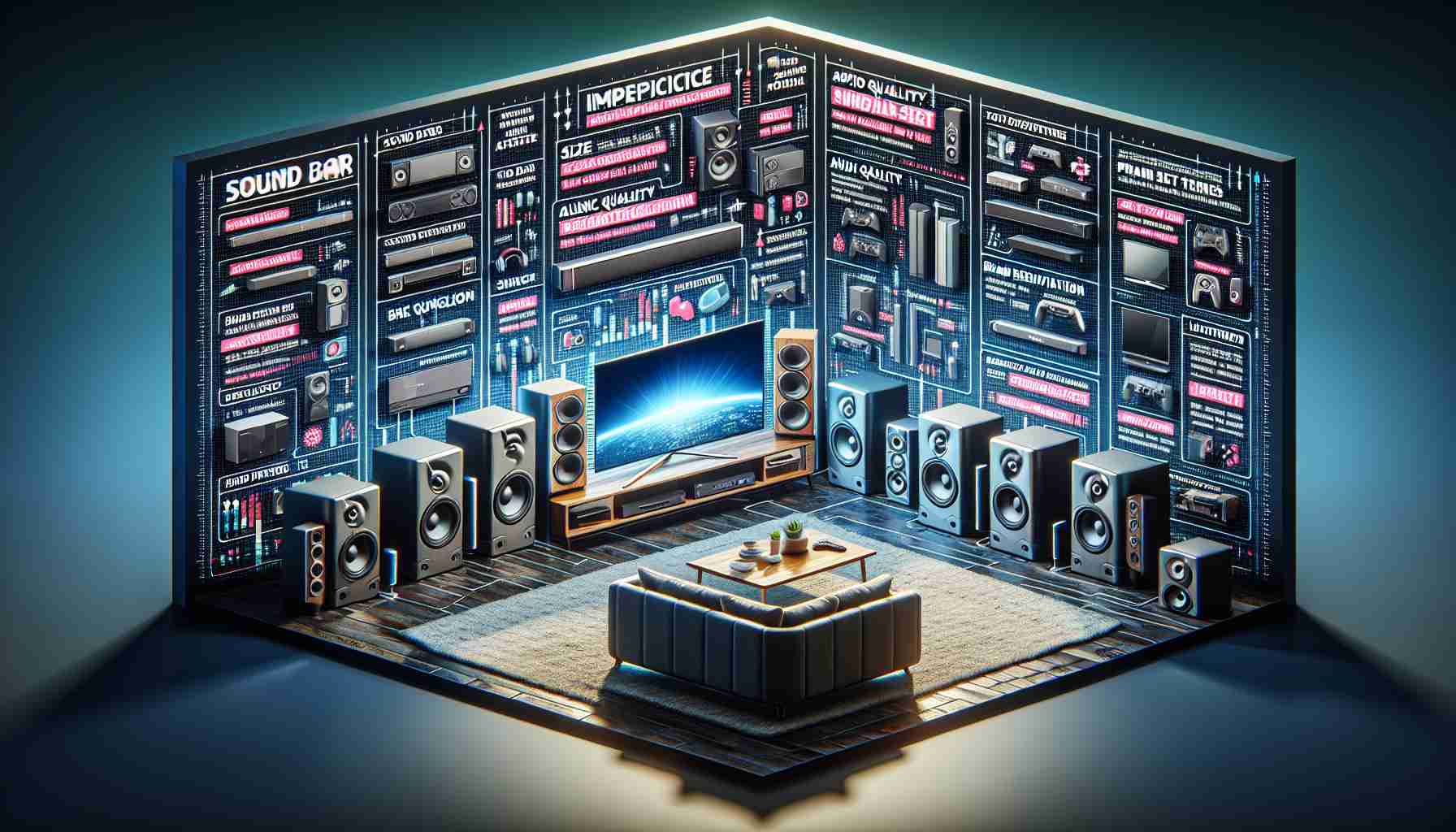 Produce an ultra high-definition image demonstrating a guide on how to select the impeccable soundbar for your home entertainment system. The scene should depict several sound bars of different shapes, sizes, and brands arrayed in a well-organized and visually pleasing manner. Include visual indicators highlighting key features to consider, such as size, audio quality, brand reputation, and price. Additionally, the home entertainment system should be diverse showcasing a TV set, gaming console, and a comfy seating area. Visual tips and suggestions should be legible, in a font and color that stands out against the background.