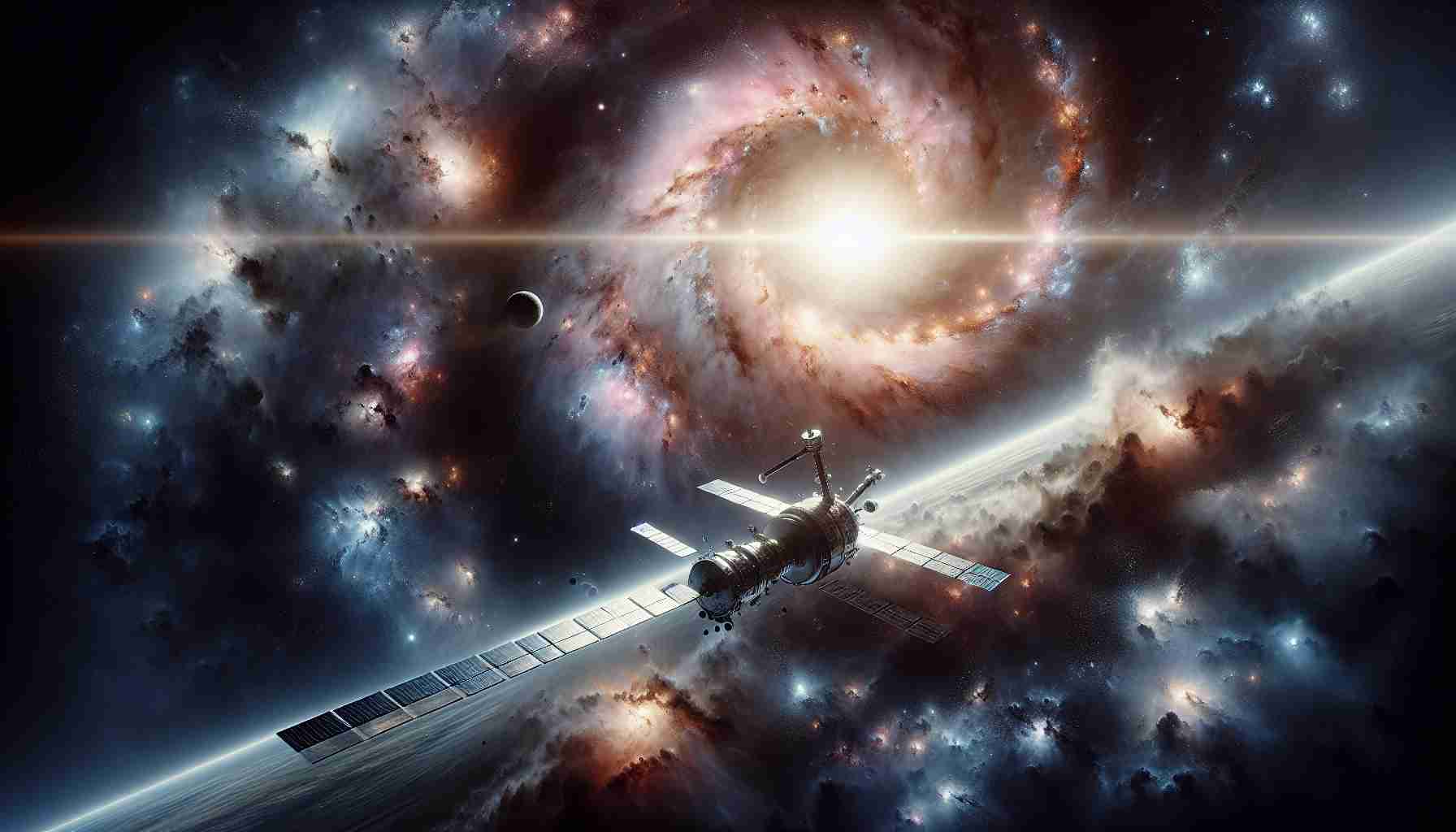 Realistic high-definition image showcasing the exploration of the vast, cosmic expanse known as the universe. The image should illustrate phenomena such as galaxies, nebulae, stars, and distant planets. It may include a spacecraft, symbolizing humanity's curiosity and quest to understand the mysteries beyond our world.