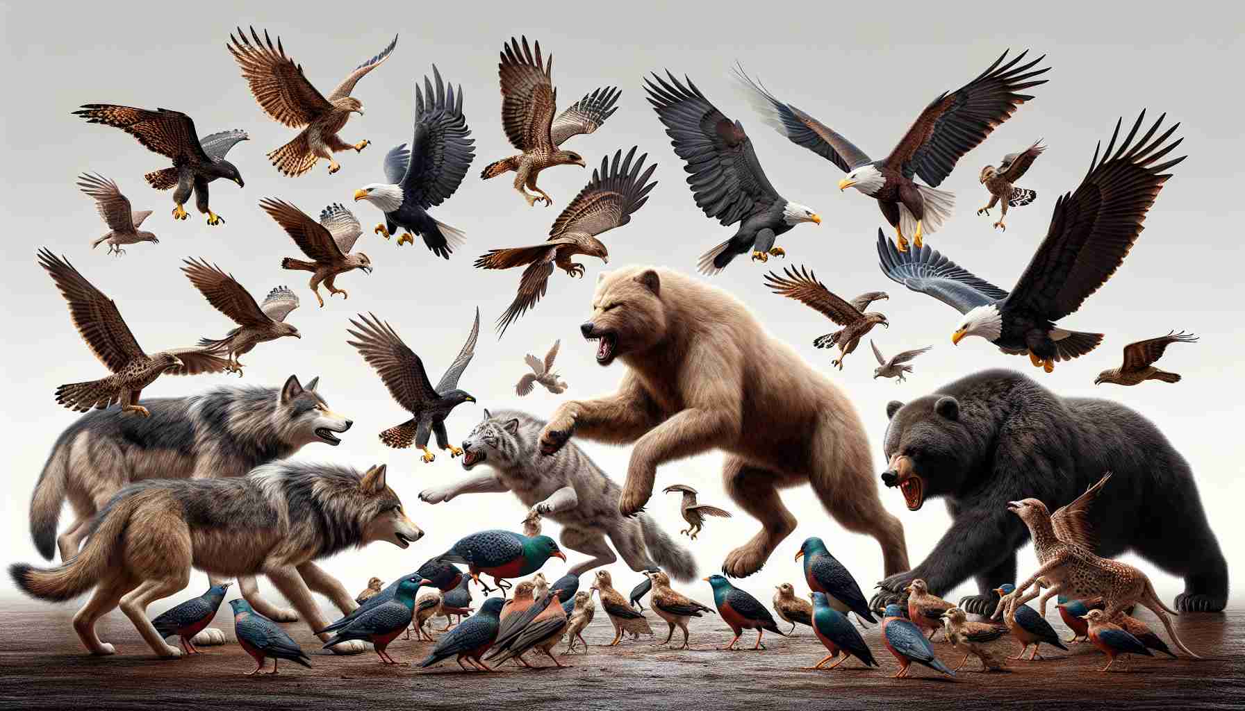 A realistic and high-definition image depicting an exciting encounter between a group of wild animals such as wolves, bears, or tigers and a flock of feathered creatures, possibly comprising of eagles, sparrows or herons. There should be a sense of tension and unpredictability in the scene, with each group exhibiting its unique characteristics and strengths in this thrilling face-off in the heart of nature.