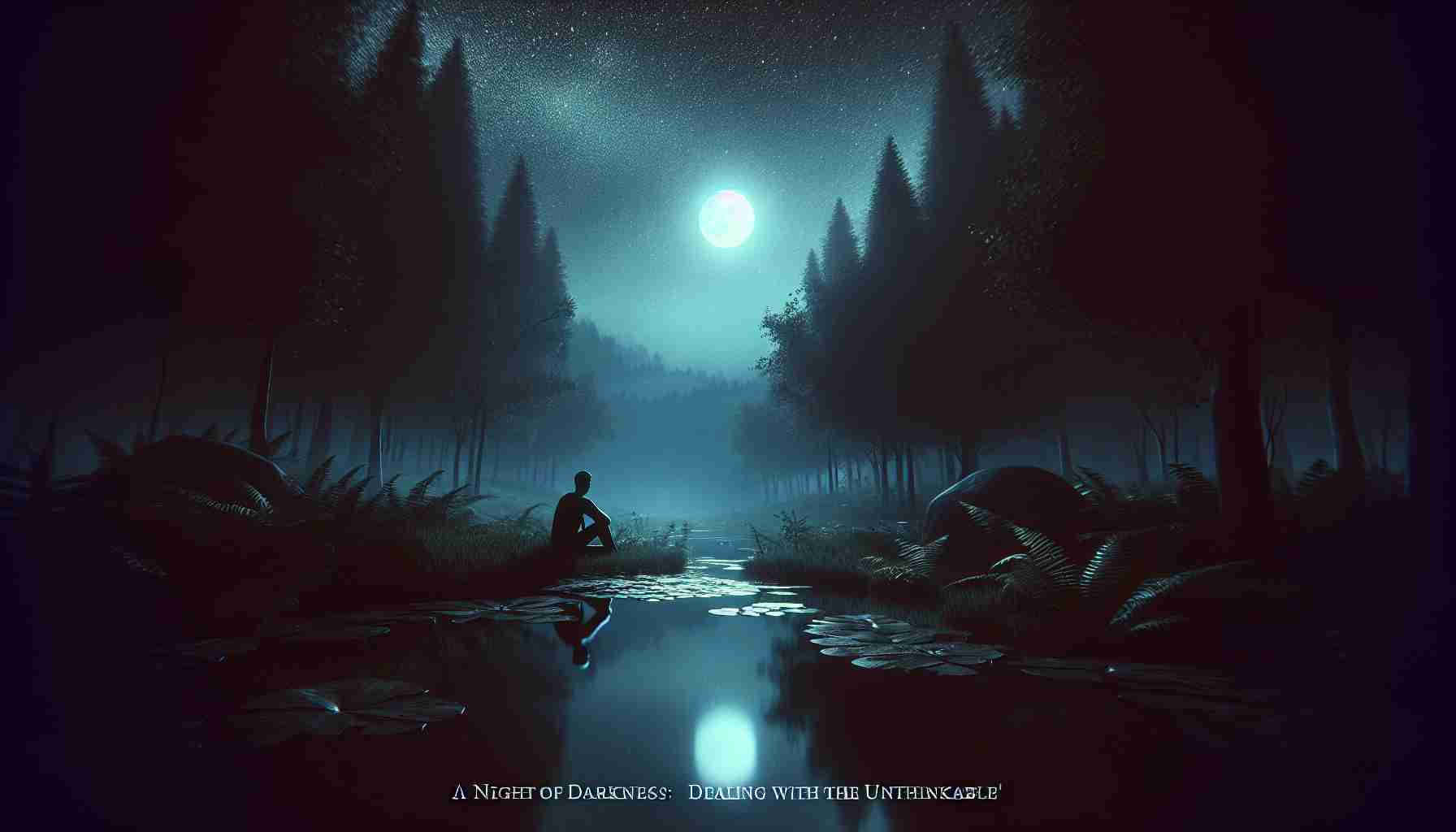 A realistic high-definition picture capturing a scene depicting 'A Night of Darkness: Dealing with the Unthinkable'. This could show a person in deep thought, lit only by the light of a distant moon, seated beside a still pond under a sky full of stars. They might be surrounded by the deep shadows of a dense forest, punctuated with the sounds of nocturnal animals. This should illustrate the theme of darkness, contemplation, and the struggle of dealing with unthinkable situations.