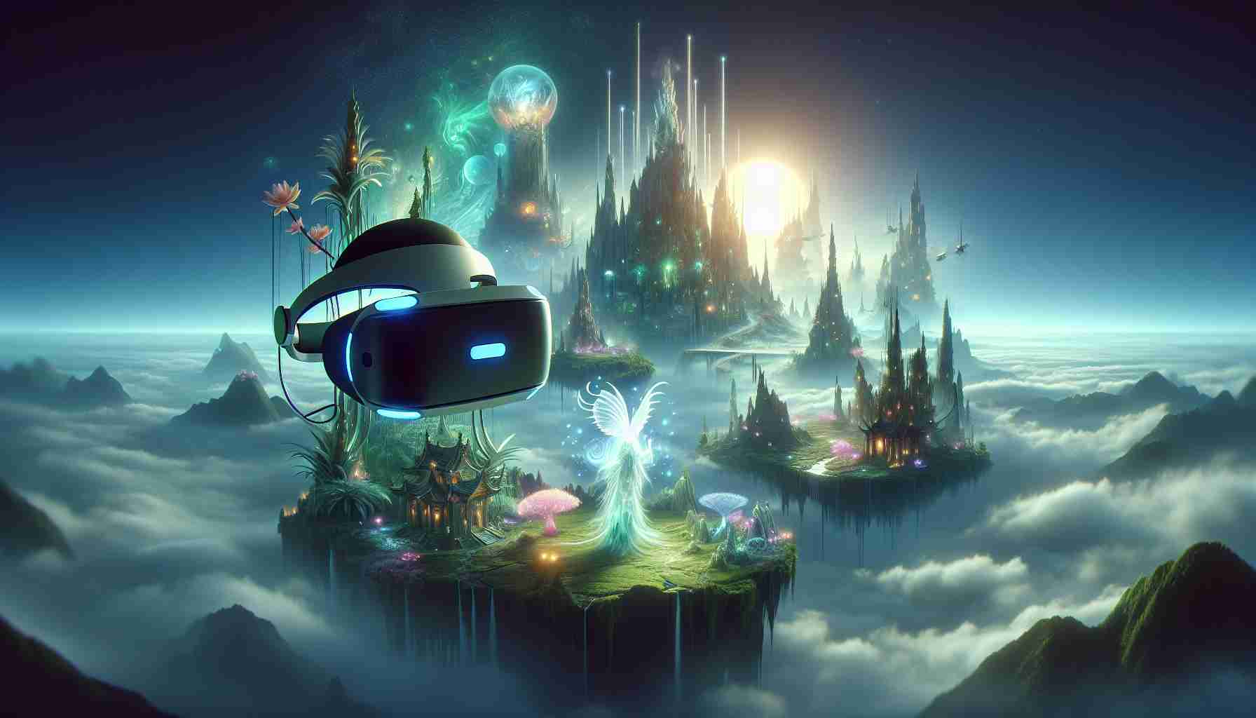 A HD quality, photorealistic representation of a new virtual reality experience that immerses players into mystical realms. These realms might be steeped in an aura of enchantment, with lush, ethereal landscapes stretching as far as the eye can see. There might be elements of magic such as floating islands, glowing fauna and flora, or majestic, towering structures that touch the skies. The VR headset used for this experience is also showcased, appearing sleek, modern and advanced, with a futuristic appeal suggestive of the wonders it can unlock.