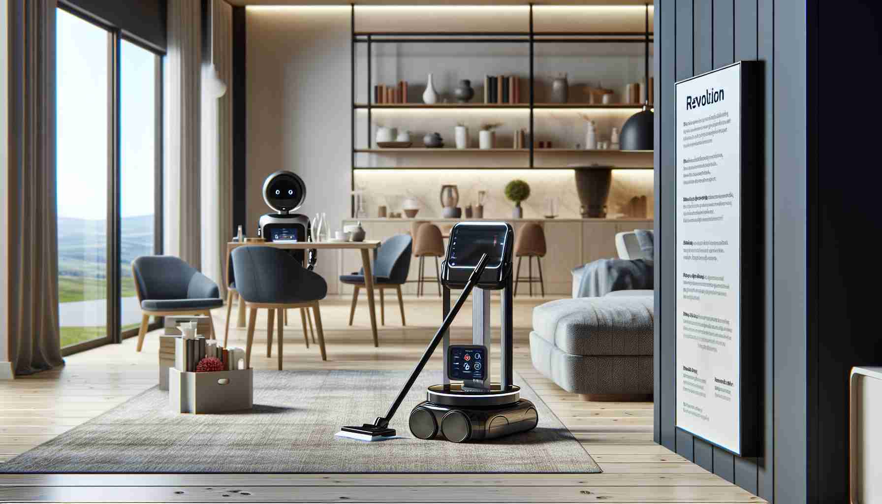 An HD, realistic image showcasing the revolution in home maintenance introduced by innovative robotics. The scene displays a modern living room with neatly organized furniture. A sleek, futuristic robotic helper is diligently at work in the background. It's dusting furniture, vacuuming the carpet, and efficiently handling other cleaning tasks. The robot's design is compact and elegant, and it reveals a high degree of technological sophistication. In the foreground, there's an informative placard describing the various functionalities and advantages of using robotics for home maintenance. This scene effectively demonstrates the transformative impact of innovative technology on routine household tasks.