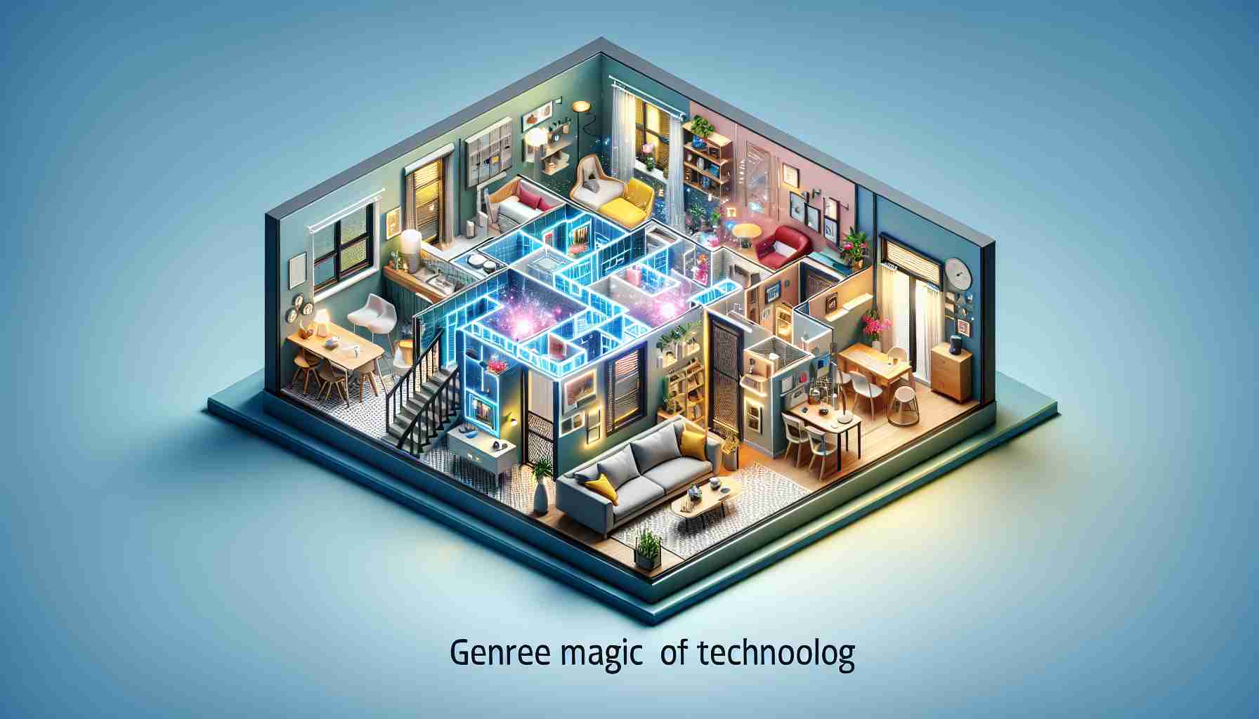 Generate a realistic high-definition image showing the layout of a home that has been revamped with the use of Pixel Studio. Display the inherent magic of technology by showcasing areas like the living room, bedroom, and kitchen highlighting vivid colors, modern furniture, and innovative designs. Let's explore how the use of technology such as 'Pixel Studio' could revolutionize the interior design of homes.